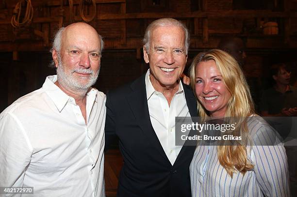 James Burrows, Vice President of the United States Joe Biden and Debbie Easton pose backstage at the hit new musical "Hamilton" on Broadway at The...