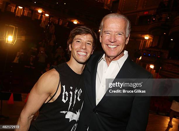 Thayne Jasperson and Vice President of the United States Joe Biden pose backstage at the hit new musical "Hamilton" on Broadway at The Richard Rogers...