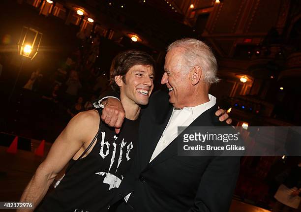 Thayne Jasperson and Vice President of the United States Joe Biden pose backstage at the hit new musical "Hamilton" on Broadway at The Richard Rogers...