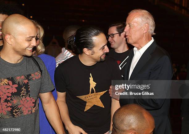 Seth Stewart, Lin Manuel Miranda and Vice President of the United States Joe Biden pose backstage at the hit new musical "Hamilton" on Broadway at...