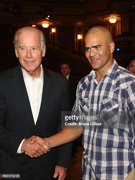 Vice President of the United States Joe Biden and Christopher Jackson pose backstage at the hit new musical "Hamilton" on Broadway at The Richard...