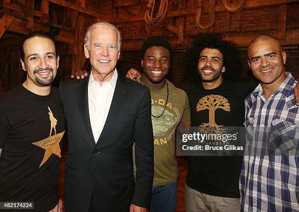 Lin-Manuel Miranda , Vice President of the United States Joe Biden, Okieriete Onaodowan , Daveed Diggs and Christopher Jackson pose backstage at the...