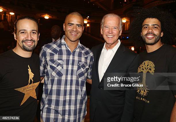 Lin-Manuel Miranda , Christopher Jackson , Vice President of the United States Joe Biden and Daveed Diggs pose backstage at the hit new musical...