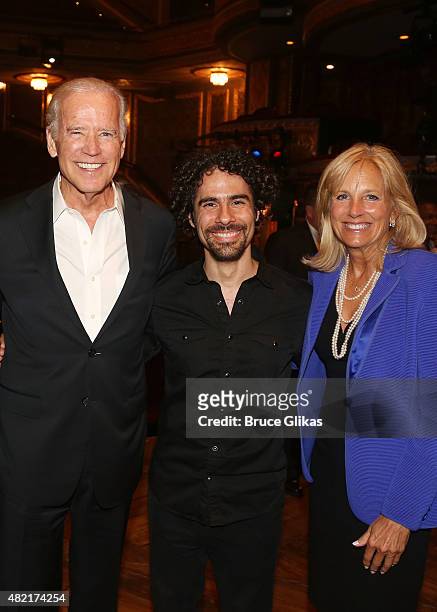 Vice President of the United States Joe Biden, Music Director/Orchestrations/Co-Arranger Alex Lacamoire and Jill Biden pose backstage at the hit new...