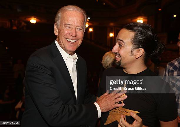 Vice President of the United States Joe Biden and Lin Manuel Miranda chat backstage at the hit new musical "Hamilton" on Broadway at The Richard...