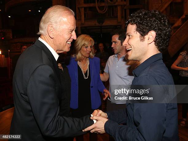 Vice President of the United States Joe Biden, Jill Biden, Chroeographer Andy Blankenbuehlerand Director Thomas Kail chat backstage at the hit new...