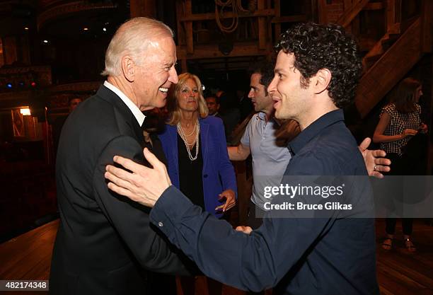 Vice President of the United States Joe Biden, Jill Biden, Chroeographer Andy Blankenbuehlerand Director Thomas Kail chat backstage at the hit new...