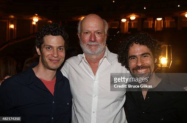 Director Thomas Kail, James Burrows and Alex Lacamoire pose backstage at the hit new musical "Hamilton" on Broadway at The Richard Rogers Theater on...