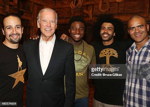 Lin-Manuel Miranda , Vice President of the United States Joe Biden, Okieriete Onaodowan , Daveed Diggs and Christopher Jackson pose backstage at the...