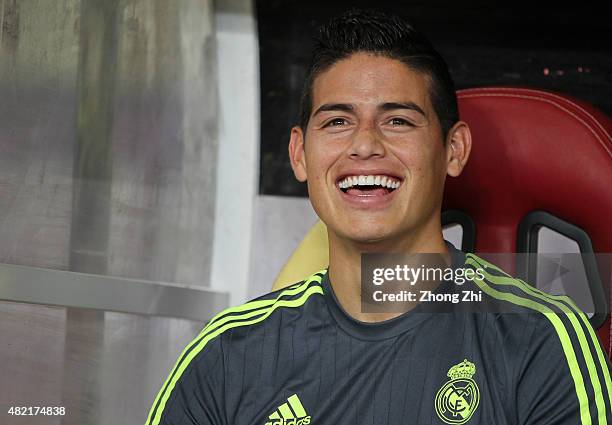 James Rodriguez of Real Madrid reacts on the bench during the match of International Champions Cup China 2015 between Real Madrid and FC...