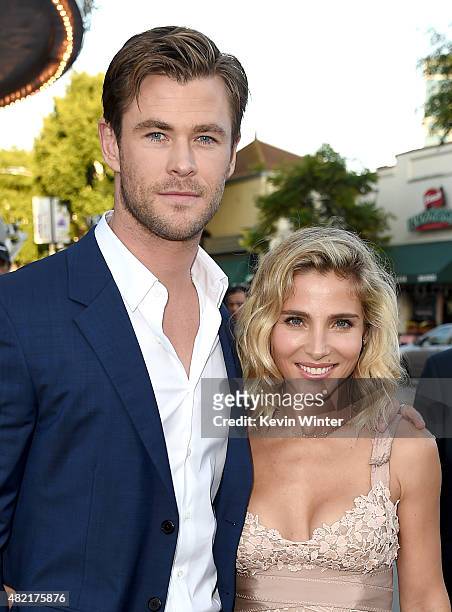 Actor Chris Hemsworth and his wife model Elsa Pataky arrive at the premiere of Warner Bros. Pictures' "Vacation" at the Village Theatre on July 27,...