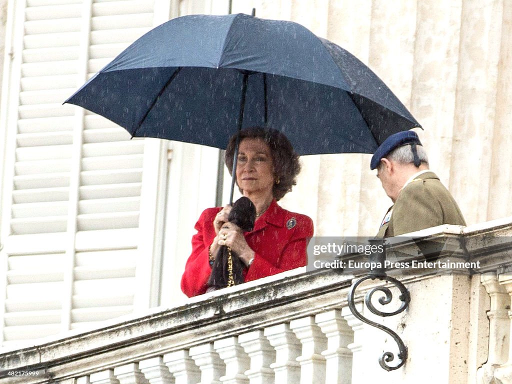 Queen Sofia of Spain Attends Changing of the Guard Ceremony At Royal Palace