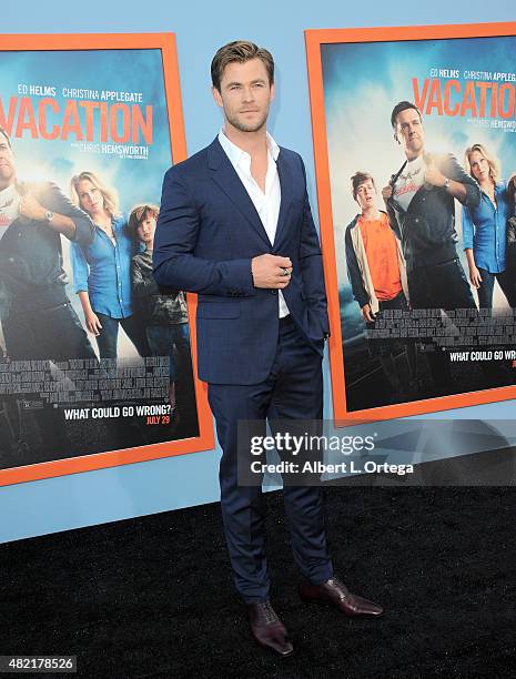 Actor Chris Hemsworth arrives for the Premiere Of Warner Bros. Pictures' "Vacation" held at Regency Village Theatre on July 27, 2015 in Westwood,...