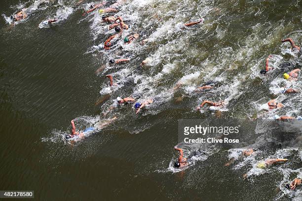General view as Keri-Anne Payne of Great Britain leads the field away from the start in the Women's 10km Open Water Swimming Final on day four of the...