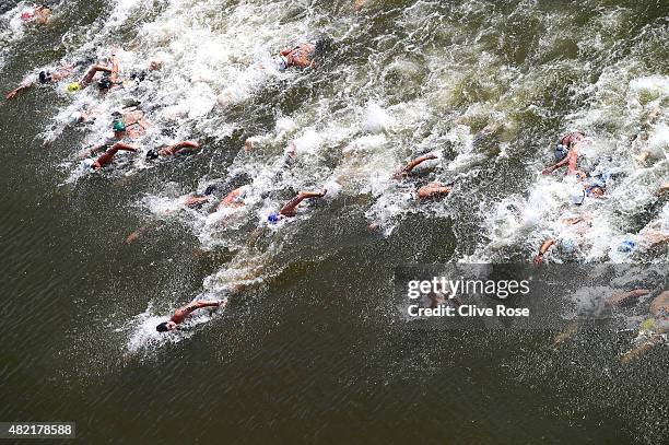 General view as Keri-Anne Payne of Great Britain leads the field away from the start in the Women's 10km Open Water Swimming Final on day four of the...