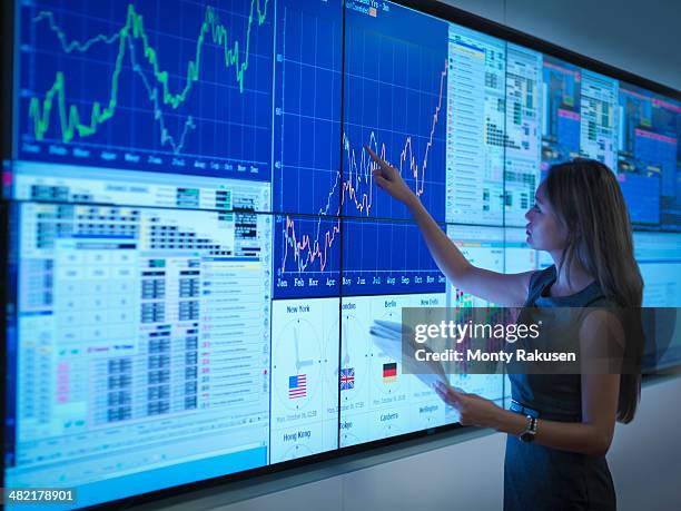 businesswoman preparing presentation on graphical screens - business numbers stockfoto's en -beelden