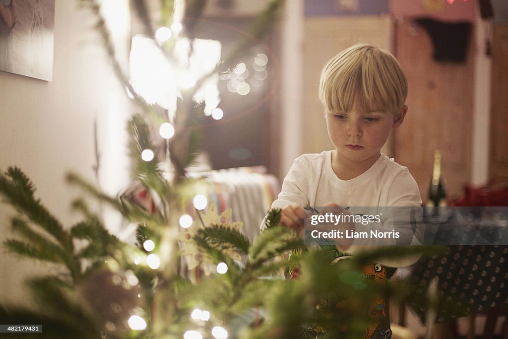 Young boy decorating christmas tree