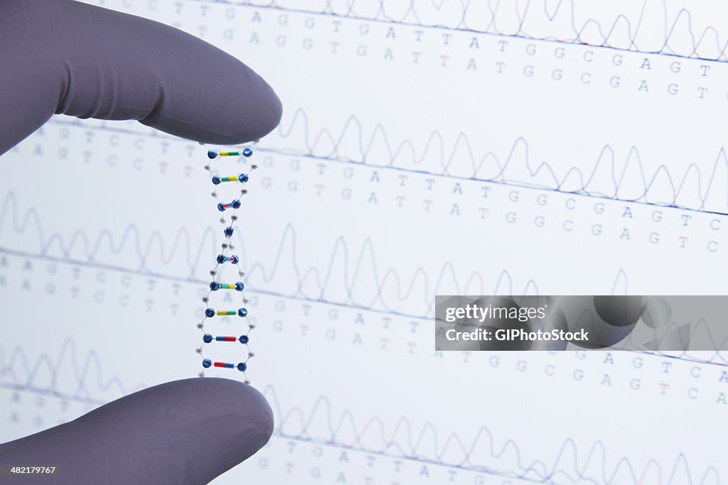  Model of DNA molecule, DNA sequencing in background