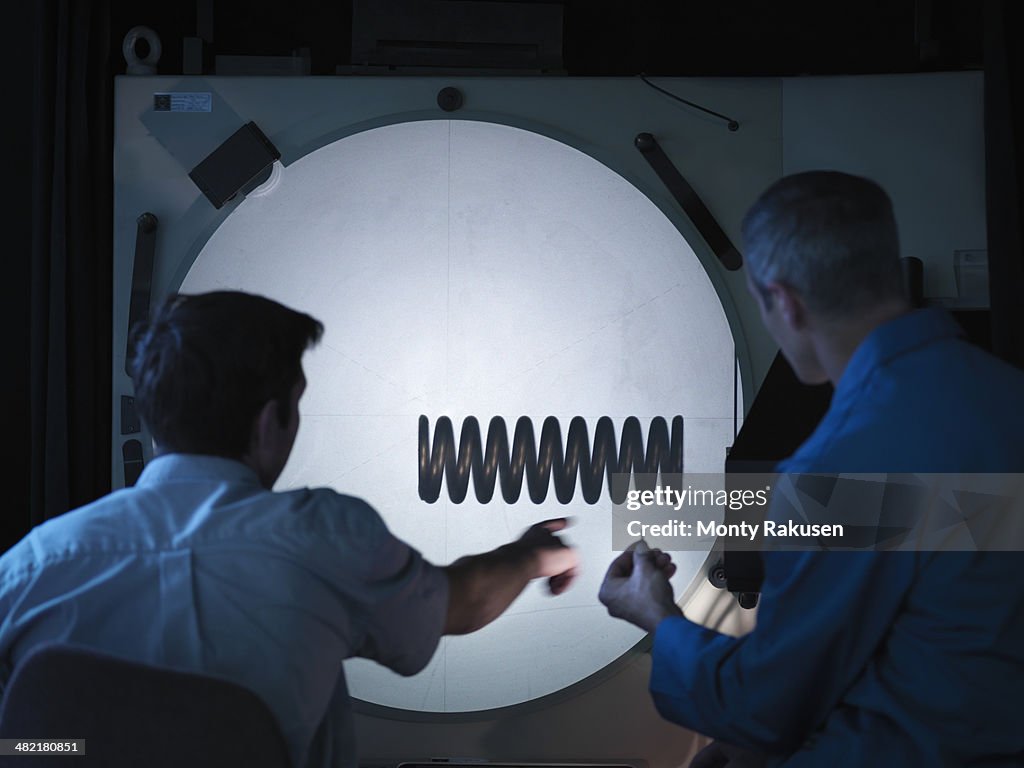 Workers using shadow graph machine to inspect spring