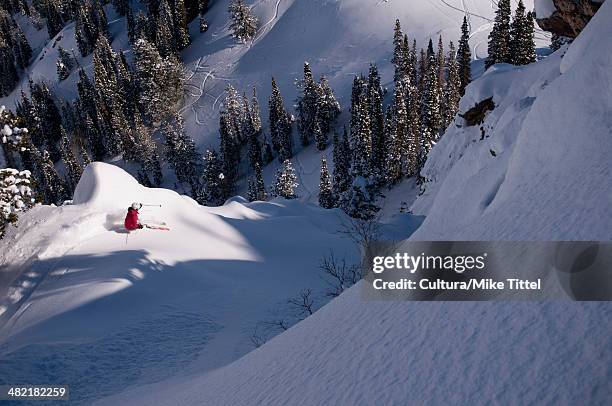 skier coasting down snowy slope - steil stockfoto's en -beelden