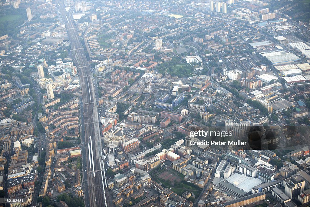 Aerial view of railway and the city, London, UK