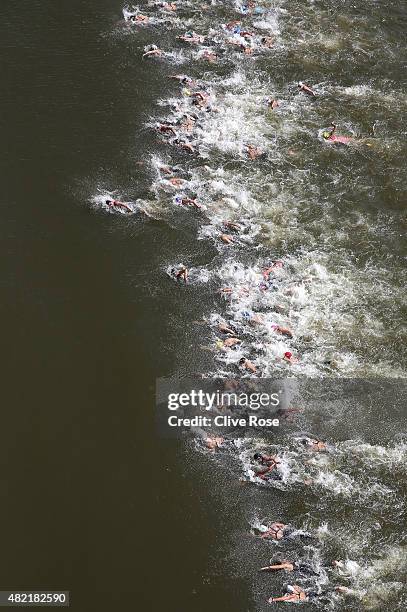 General view as Keri-Anne Payne of Great Britain leads the field away from the start in the Women's 10km Open Water Swimming Final on day four of the...