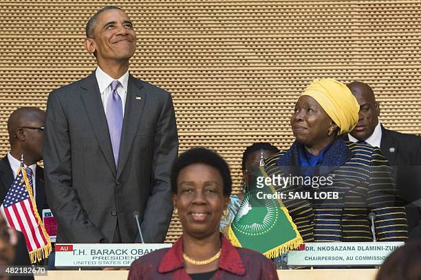 President Barack Obama , alongside African Union Chairperson Nkosazana Dlamini Zuma , arrives to speak about security and economic issues and...