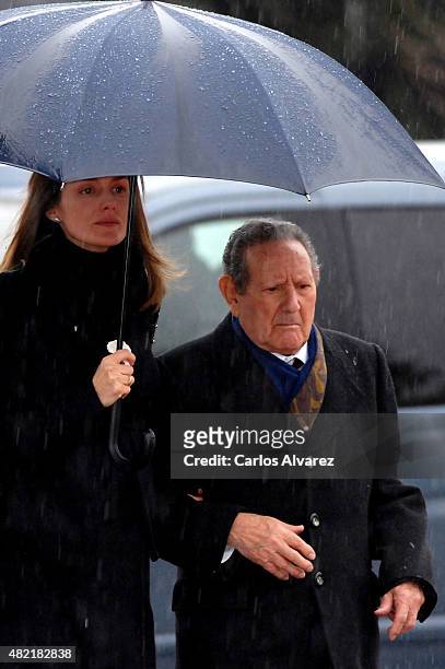 Princess Letizia of Spain and her grandfather Francisco Rocasolano attend the funeral chapel for Erika Ortiz, younger sister of Princess Letiza of...