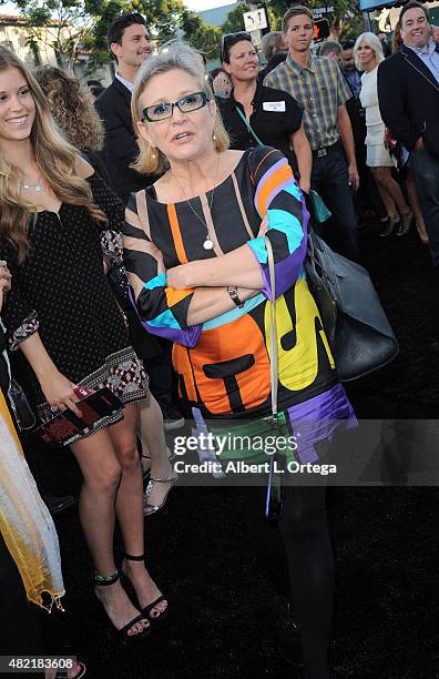 Actress Carrie Fisher arrives for the Premiere Of Warner Bros. Pictures' "Vacation" held at Regency Village Theatre on July 27, 2015 in Westwood,...