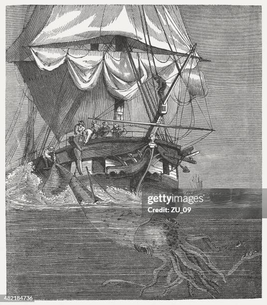 bildbanksillustrationer, clip art samt tecknat material och ikoner med giant squid (architeuthis dux), published in 1868 - kraken