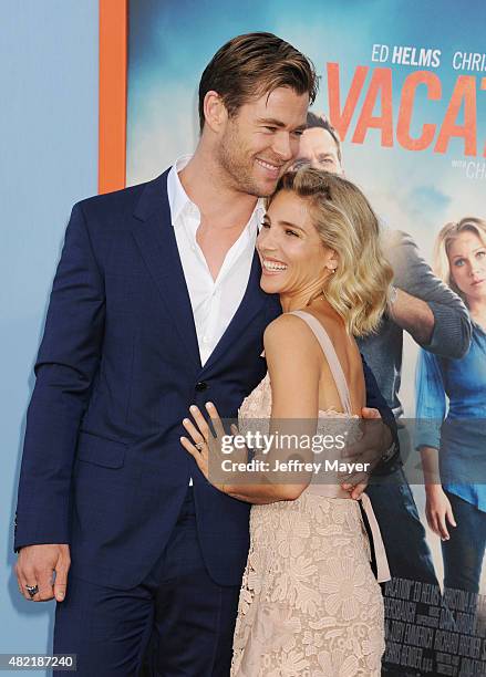 Actor Chris Hemsworth and actress Elsa Pataky arrive at the Premiere Of Warner Bros. 'Vacation' at Regency Village Theatre on July 27, 2015 in...