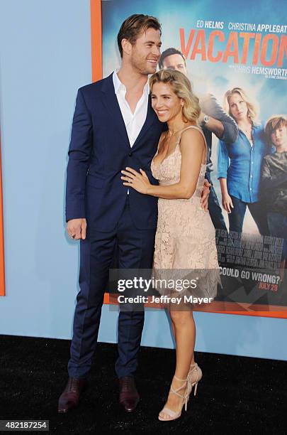 Actor Chris Hemsworth and actress Elsa Pataky arrive at the Premiere Of Warner Bros. 'Vacation' at Regency Village Theatre on July 27, 2015 in...