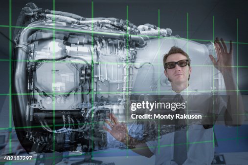 Engine Interactive Display Engineer Working With 3d Display Of Jet Engine Seen Through Interactive ...