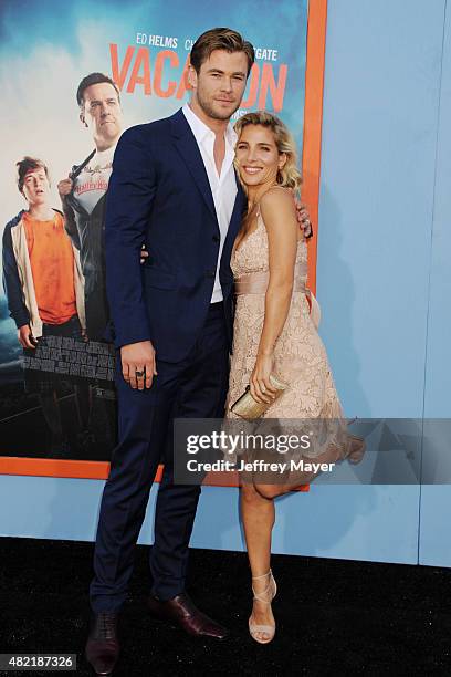 Actor Chris Hemsworth and actress Elsa Pataky arrive at the Premiere Of Warner Bros. 'Vacation' at Regency Village Theatre on July 27, 2015 in...