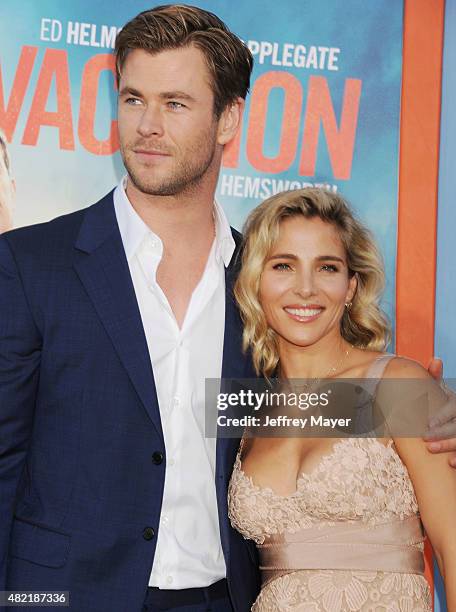 Actor Chris Hemsworth and actress Elsa Pataky arrive at the Premiere Of Warner Bros. 'Vacation' at Regency Village Theatre on July 27, 2015 in...