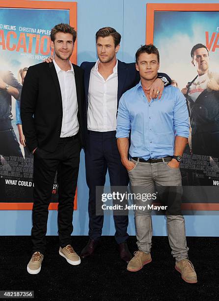 Actor/brothers Chris Hemsworth; Liam Hemsworth; Luke Hemsworth arrives at the Premiere Of Warner Bros. 'Vacation' at Regency Village Theatre on July...