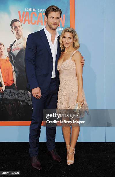 Actor Chris Hemsworth and actress Elsa Pataky arrive at the Premiere Of Warner Bros. 'Vacation' at Regency Village Theatre on July 27, 2015 in...