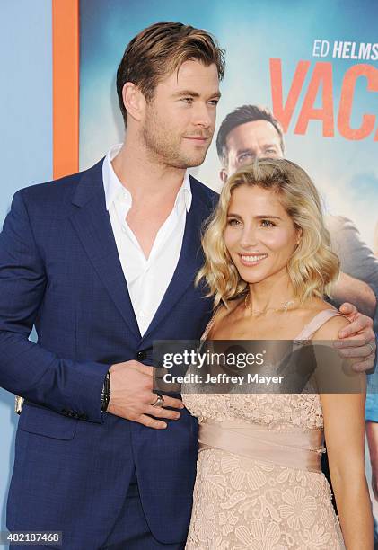 Actor Chris Hemsworth and actress Elsa Pataky arrive at the Premiere Of Warner Bros. 'Vacation' at Regency Village Theatre on July 27, 2015 in...