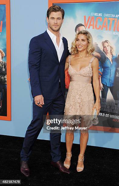 Actor Chris Hemsworth and actress Elsa Pataky arrive at the Premiere Of Warner Bros. 'Vacation' at Regency Village Theatre on July 27, 2015 in...