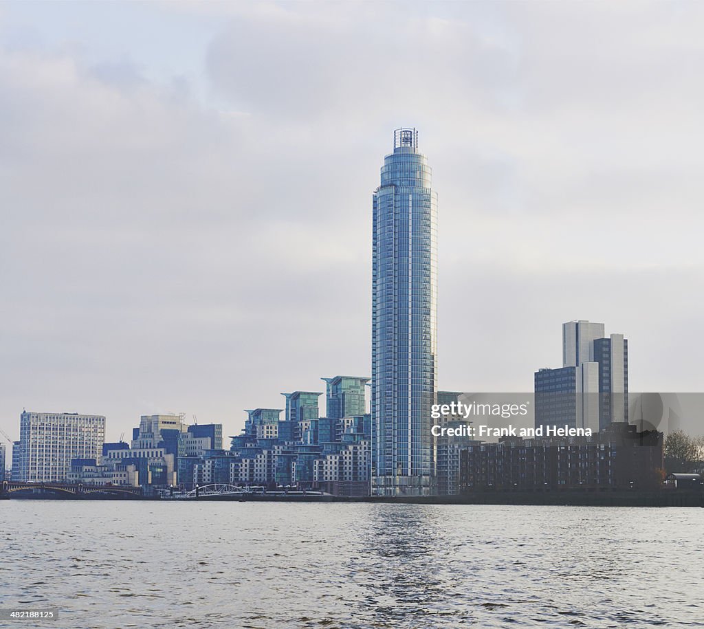 View of office and apartment blocks on the Thames, London, UK