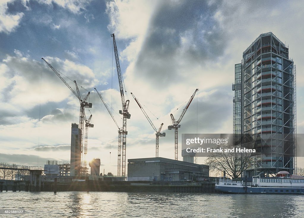 View of apartment block development on the Thames, London, UK