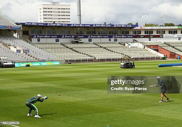 Peter Nevill and Brad Haddin of Australia train during a nets session ahead of the 3rd Investec Ashes Test match between England and Australia at...