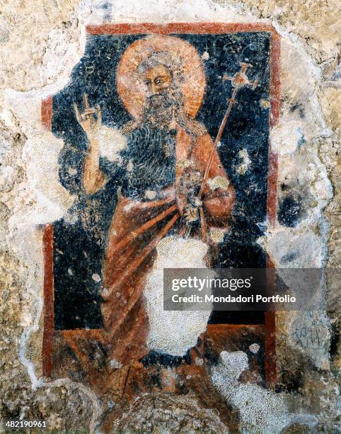 Italy, Sardinia, Cagliari, Church of Saint Reparata. Whole artwork view. Fragment of a fresco with the saint standing in a rectangular frame.