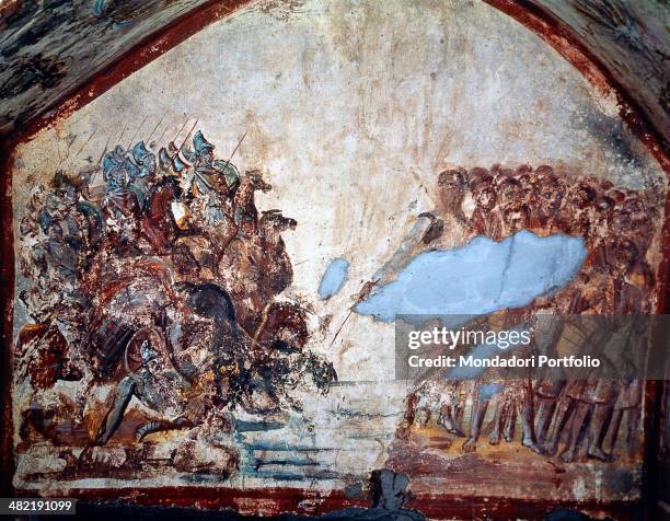 Italy, Lazio, Rome, Ipogeo di Via Latina. Whole artwork view. Fragment of a fresco, on the left the Egyptian army of the Pharaoh overwhelmed by the...