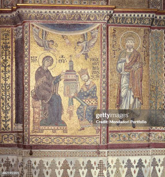 Italy, Sicily, Monreale, Cathedral of Saint Mary Nuova. Detail. Mosaic frame on gold background with the Virgin, seated on a throne, which receives...