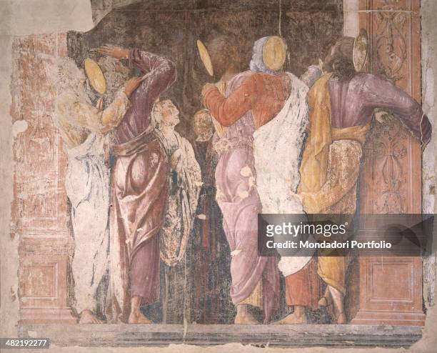 Italy, Veneto, Padua, Church of Eremitani. Detail. Detail of the lower part where the apostoles are seen from behind.