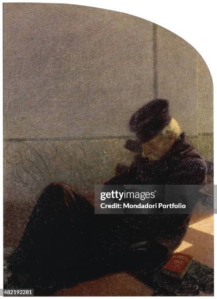 Italy, lombardy, Milan, Italian Galleries. Detail. The left part of the tryptic with a man in a black hat and coat sleeping.
