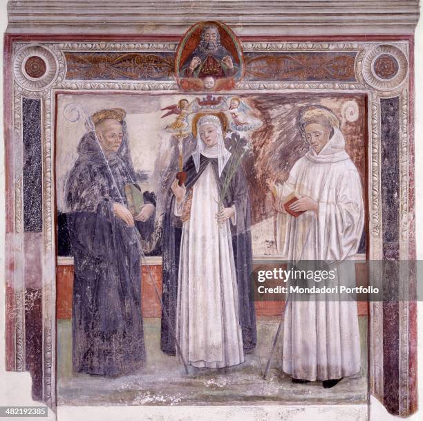 Italy, Lombardy, Milan, Certosa di Garegnano. Whole artwork view. Blessed Beatrice d'Ornacieux standing between two saints at the center of a painted...