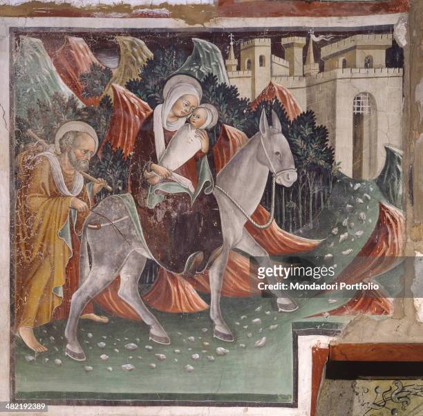 Italy, Lombardy, Clusone, Oratory of the Disciplines. Detail. Part of the cycle of frescoes dedicated to the life of Jesus. The Flight into Egypt...