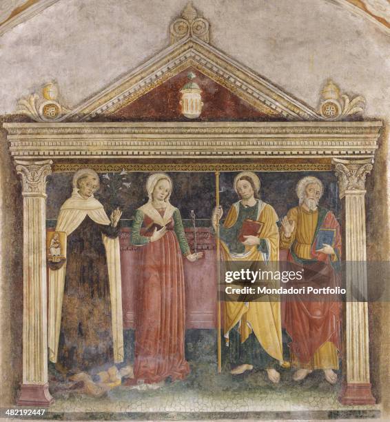 Italy, Lombardy, Brescia, Church of Saint Mary of the Carmine. Whole artwork view. Fresco in the chapel dedicated to four saints. Four figures...